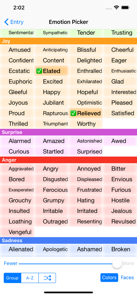 Mood-Log - A detailed grid of emotion words categorized by mood types such as Joy Surprise and Anger for tracking in the Mood-Log app.