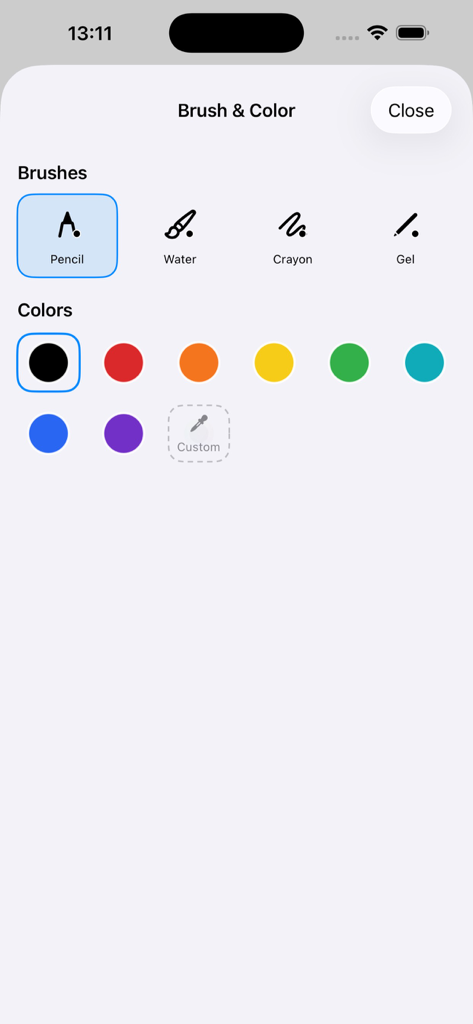 Menü zur Auswahl von Pinseln und Farben in der Trace Drawing App mit Werkzeugen für Bleistift, Aquarell, Buntstift und Gelstift