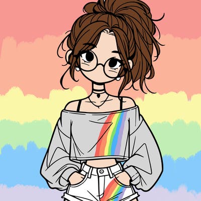 girl with a messy ponytail glasses a baggy crop top and jean shorts