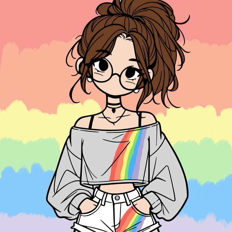 girl with a messy ponytail glasses a baggy crop top and jean shorts