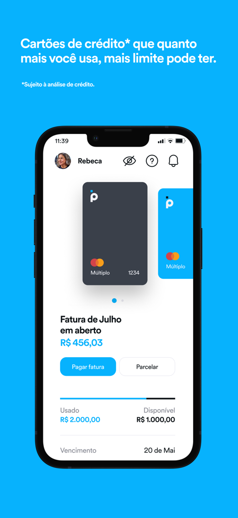 Banco PAN mobile app screen showing credit card bill details and available limit