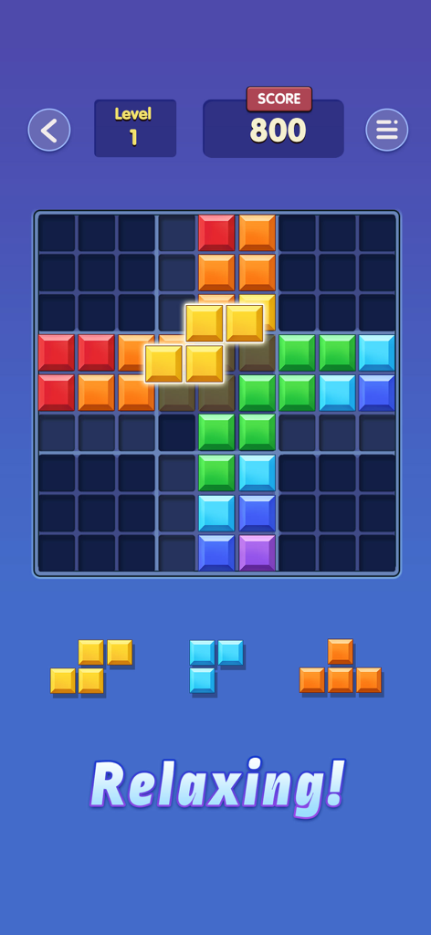 Coloridos bloques de juguete en una cuadrícula de Sudoku en el juego de rompecabezas Block Master con la palabra Relajante en la parte inferior