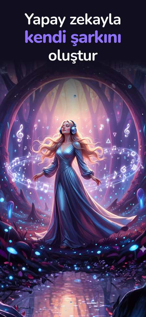 Songify: AI Music Maker - A woman with headphones in an ethereal forest with floating musical notes