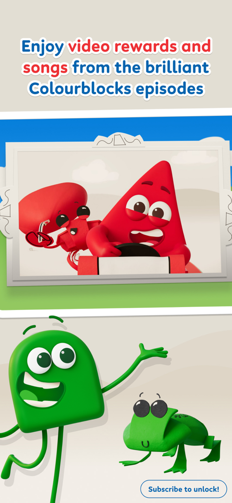 Colorblocks World - Screenshot of Colorblocks World app showing video rewards and songs with animated red and green characters