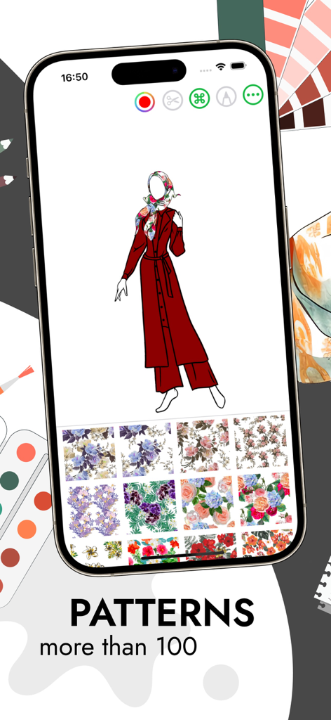 Fashion Sketch Outfit Design - Ilustración de moda de una mujer con un vestido rojo y un pañuelo en la cabeza con una biblioteca de patrones florales en la aplicación.