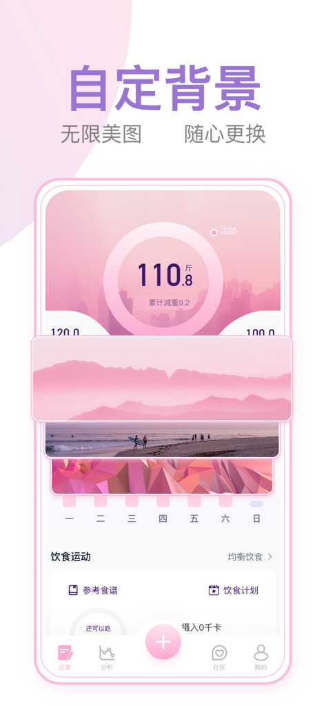 体重小本-超好用的减肥打卡饮食记录瘦身轻断食计划管理软件社区 - Eine mobile App-Oberfläche für Weight Notebook mit verschiedenen ästhetischen, benutzerdefinierten Hintergrund-Skins und einem Gewichts-Tracking-Dashboard.