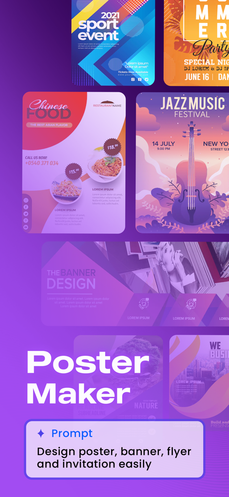 Poster Maker - Banner Maker - Graphic design app displaying various poster and flyer templates for events and businesses