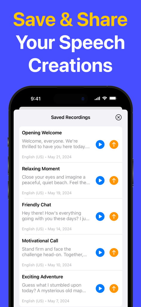 再生および共有ボタンが付いた保存されたボイスオーバー録音のリストを表示するモバイルアプリ画面