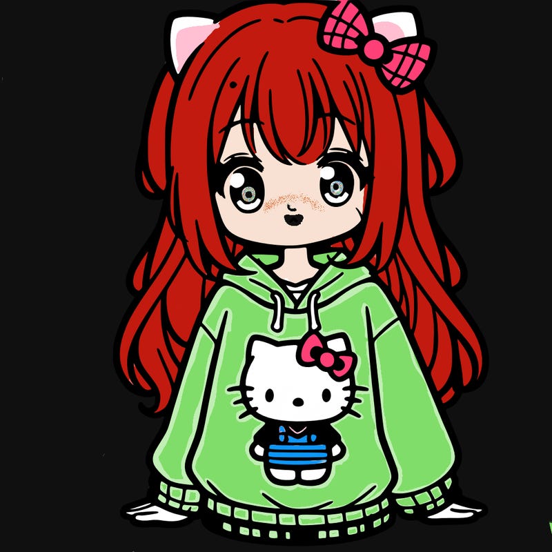 cute anime girl wearing a kuromi from hello kitty sweatshirt