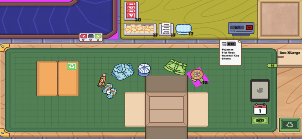 Pack & Ship - Top down view of a shipping station with clothing items and an open box in Pack and Ship