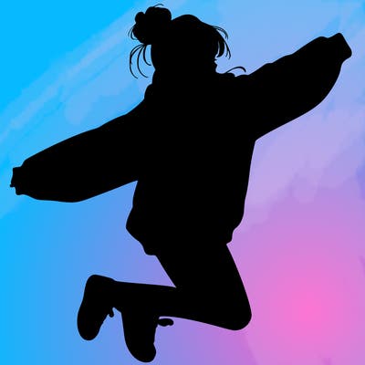 realistic girl jumping with a bun and oversized sweatshirt