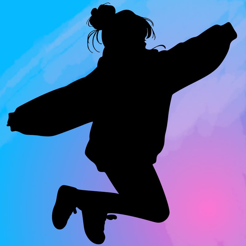 realistic girl jumping with a bun and oversized sweatshirt
