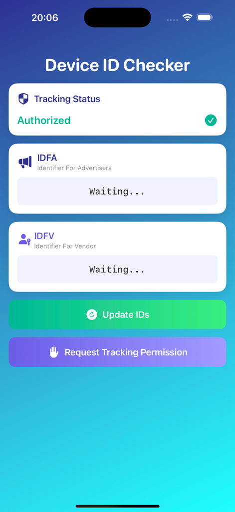 Device ID Check Tool - Oberfläche der Device ID Checker App mit Abschnitten für Tracking-Status und Identifikator