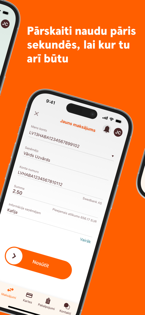 Swedbank Latvija mobile app interface showing a money transfer form with a send button on a bright orange background.