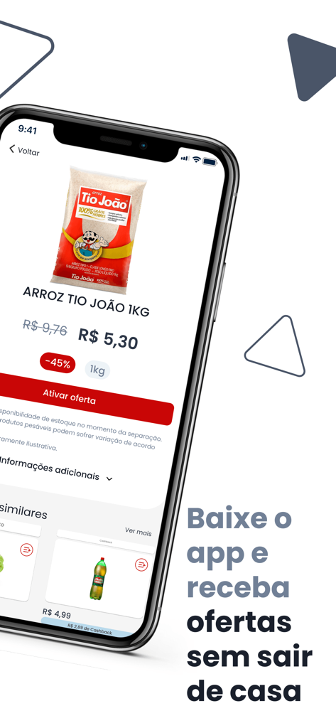 Clube Stok Center - Smartphone screen showing a grocery item with a forty five percent discount on the Clube Stok Center app