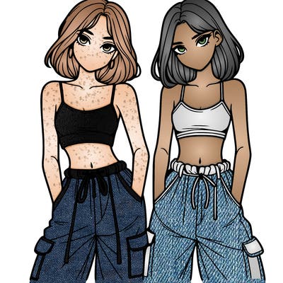 two girls with crop top with baggy pants