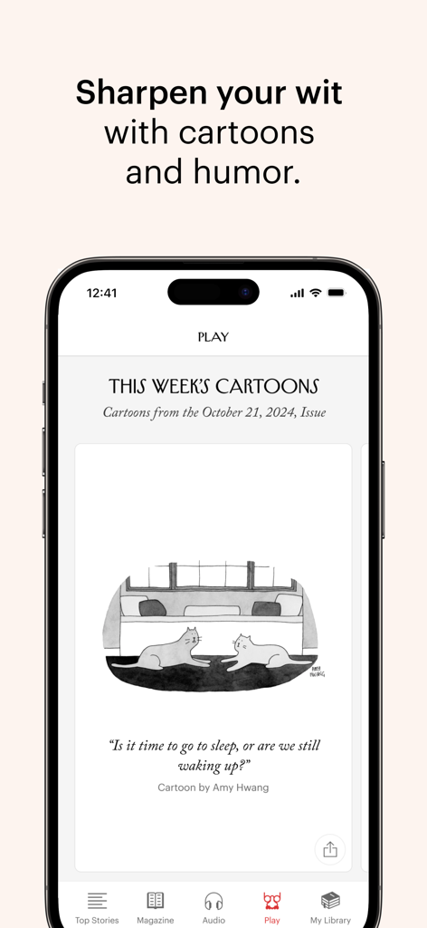 A screenshot of The New Yorker app showing the weekly cartoons section with a humorous illustration of two cats.