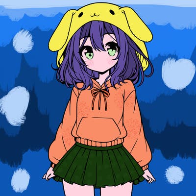 pretty anime girl wearing a fluffy hoodie with bunny ears on the hood and a skirt
