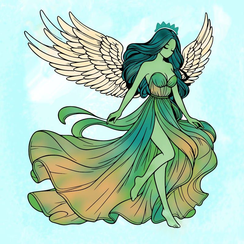 realistic woman with wings and with long flowy dress blowing in the wind