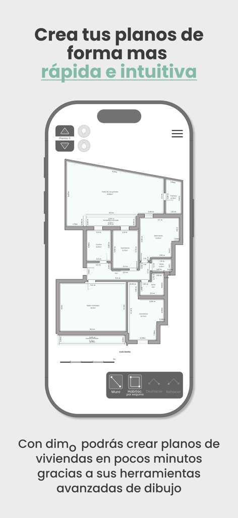 di-mo - A smartphone displaying a detailed architectural floor plan created using the di-mo drawing tools.