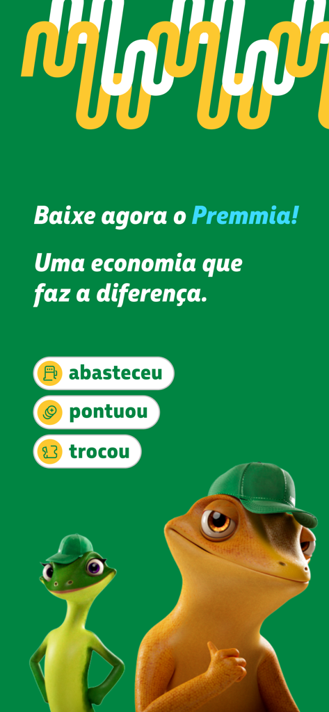 Petrobras Premmia marketing screen featuring two gecko mascots and text about gas savings and reward points.