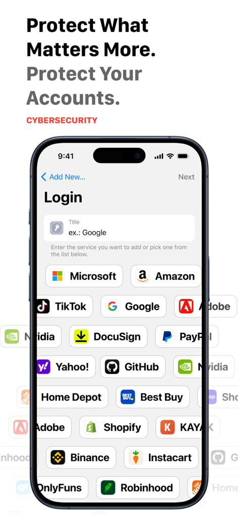Add new login screen in Password Manager by 2Stable showing various popular service icons
