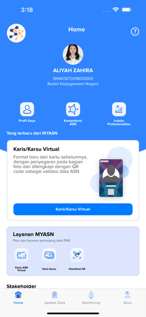 MyASN BKN - The home dashboard of the MyASN BKN app showing user profile information and digital civil service tools