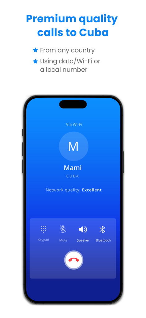 Cubatel app interface showing a premium quality call to Cuba