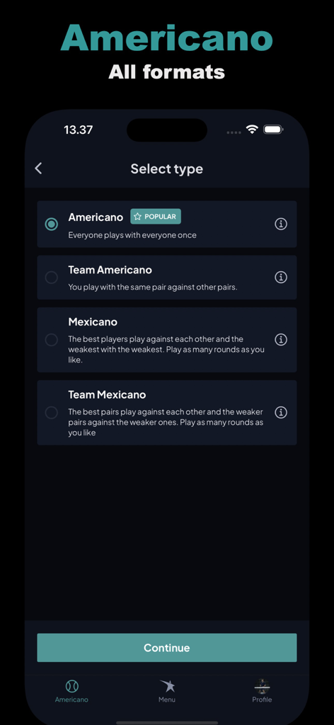 Padelution - Screenshot of the Padelution app showing tournament format options like Americano and Mexicano