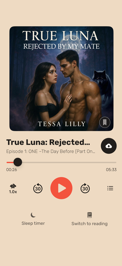 Amora: Novels & Audiobooks - Audiobook player interface for a romance novel with playback controls in the Amora app