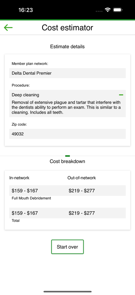 Delta Dental app cost estimator screen showing in-network and out-of-network price breakdown for a deep cleaning procedure