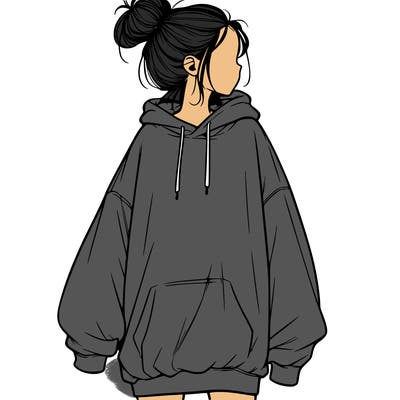 realistic girl with a oversized sweatshirt on and a bun