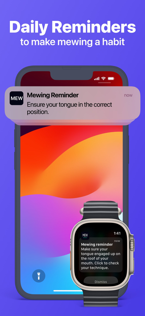 Mewing app notifications on a smartphone and smartwatch for daily practice