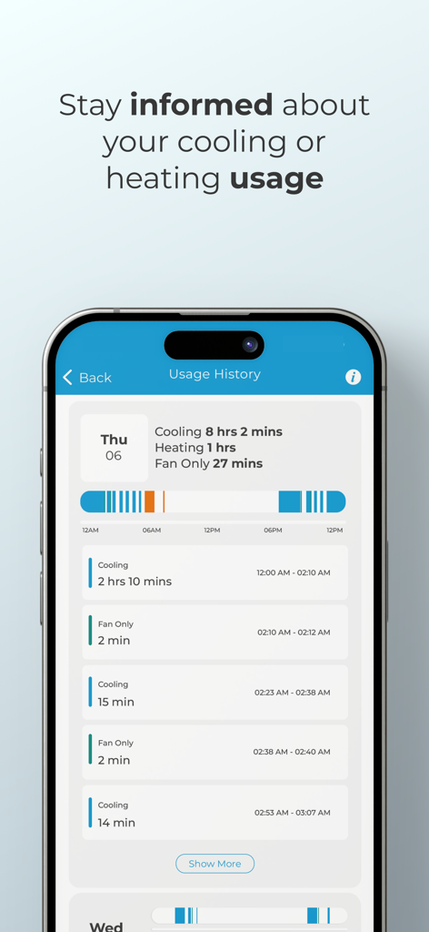 Cielo Home - Pantalla de historial de uso en la aplicación Cielo Home que muestra patrones diarios de refrigeración y calefacción