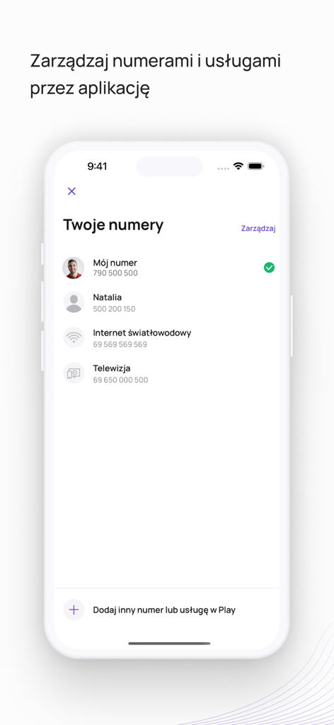 Interfaz de la aplicación Play24 que muestra una lista de números de teléfono gestionados, servicios de internet de fibra y TV