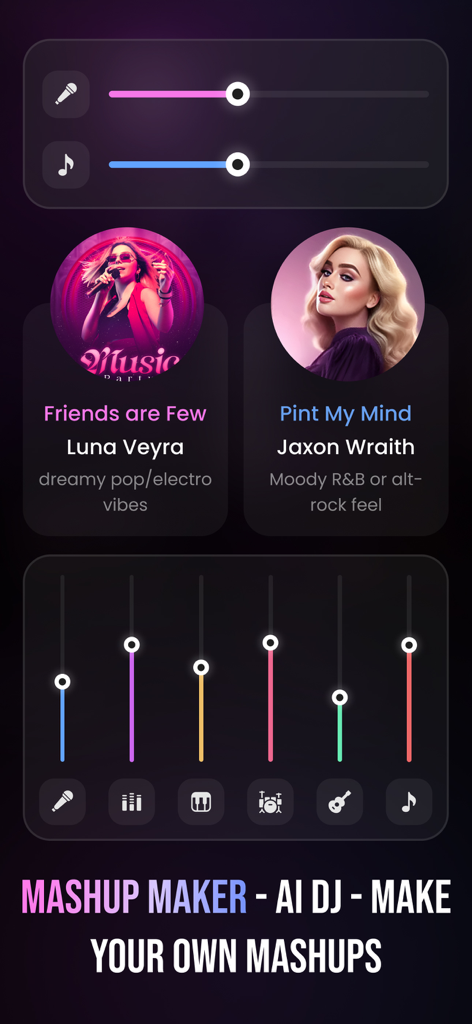 DJ Whisk AI - Make Mashup Song - DJ Whisk AI app interface for creating song mashups with audio mixing controls for vocals and instruments