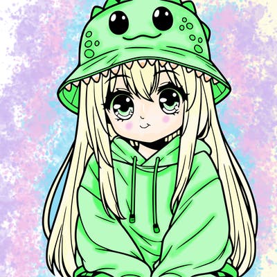 girl with anime shaped eyes with a dinosaur bucket hat oversized sweatshirt long straight hair