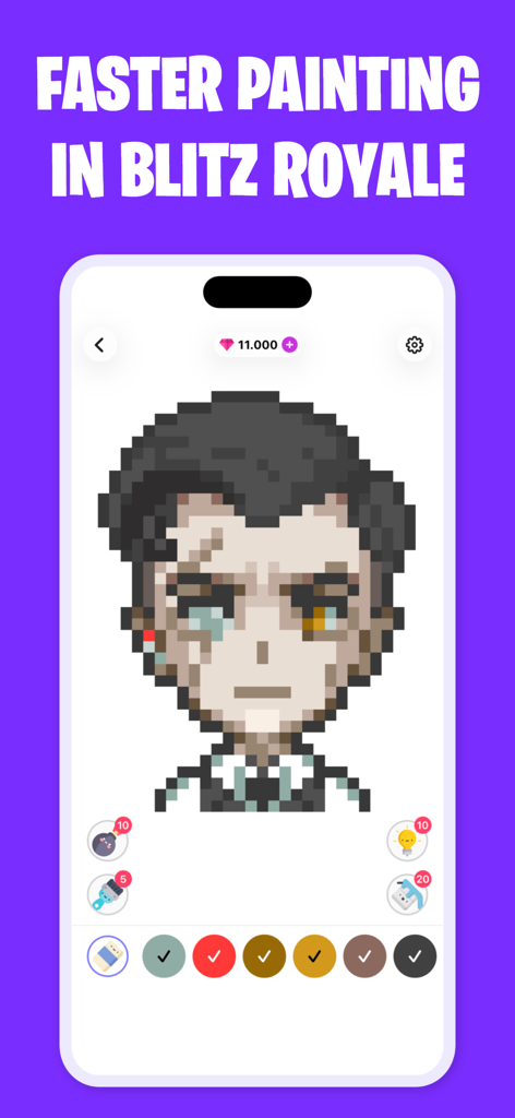 Pixelnite for Fortnite - Mobile app screen showing a pixel art character skin from Fortnite being colored with digital painting tools