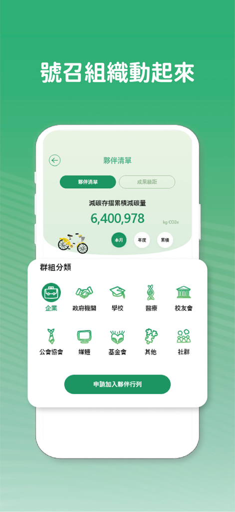 YouBike減碳存摺 - YouBike app interface showing cumulative carbon reduction and organizational group categories for partners