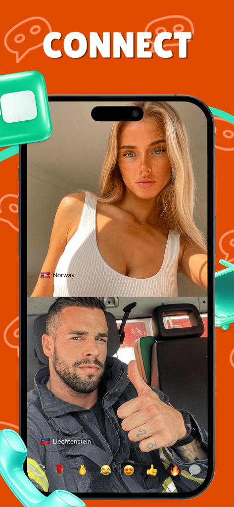 OmeTV : Video Chat - Tela de smartphone exibindo uma interface de chat de vídeo ao vivo em tela dividida entre duas pessoas no OmeTV