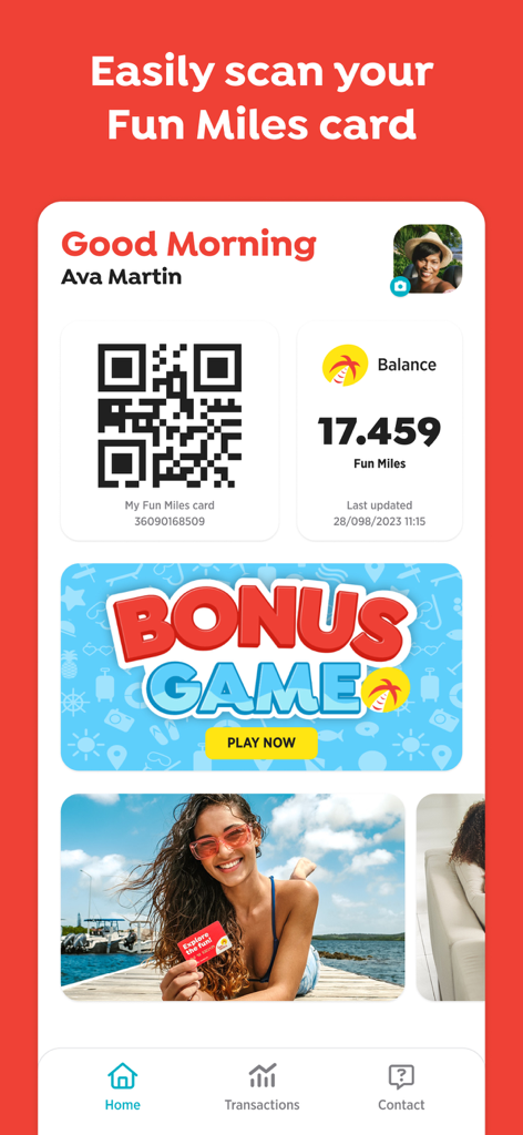 Fun Miles - Interfaz de la aplicación Fun Miles que muestra un código QR de tarjeta de fidelidad digital y el saldo total de millas.