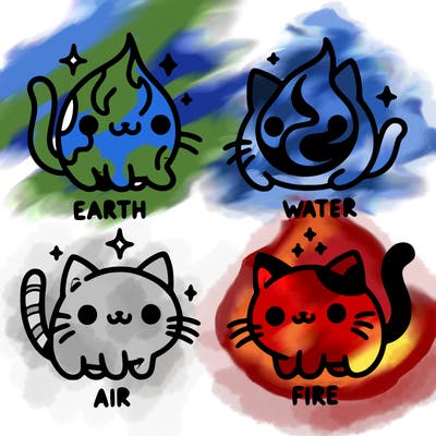 4 cats that represent the different elements, earth, water, air, and fire