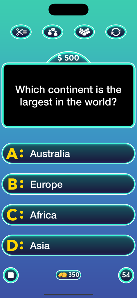 General Knowledge : Quiz Game - Screenshot of a mobile trivia game displaying a geography question about the largest continent with four multiple-choice options and lifelines.