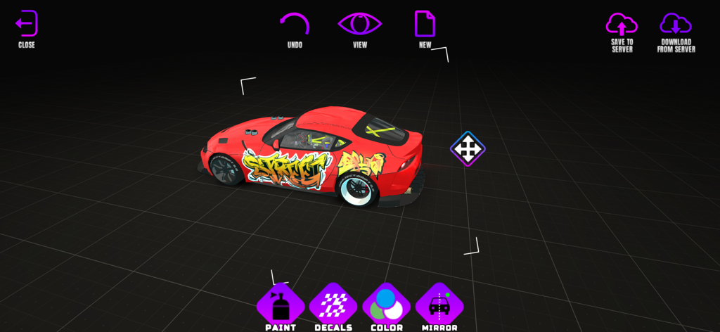 Project Drift 2.0 - Pantalla de personalización en el juego de Project Drift 2.0 mostrando un coche JDM rojo con calcomanías de graffiti callejero