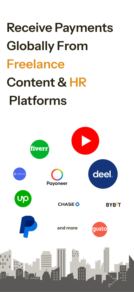 Hurupay - Global USD Banking - Screenshot of Hurupay app showing logos of platforms like Fiverr Upwork PayPal and Deel for receiving global freelance and HR payments