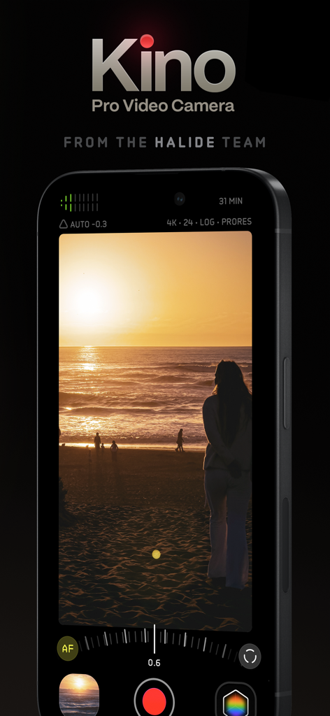 Kino - Pro Video Camera - Kino Pro Video Camera app interface on iPhone featuring a cinematic sunset recording