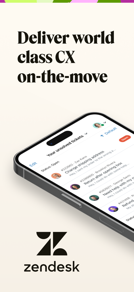Smartphone exibindo a interface de ticket do app Zendesk Support com o slogan Ofereça uma CX de classe mundial em movimento