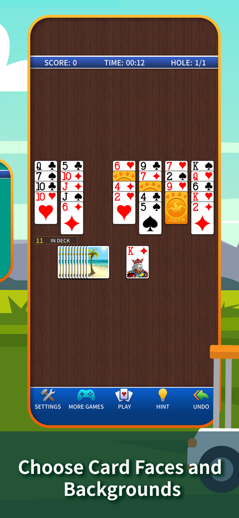 Golf Solitaire Classic gameplay showing customizable card faces and backgrounds.