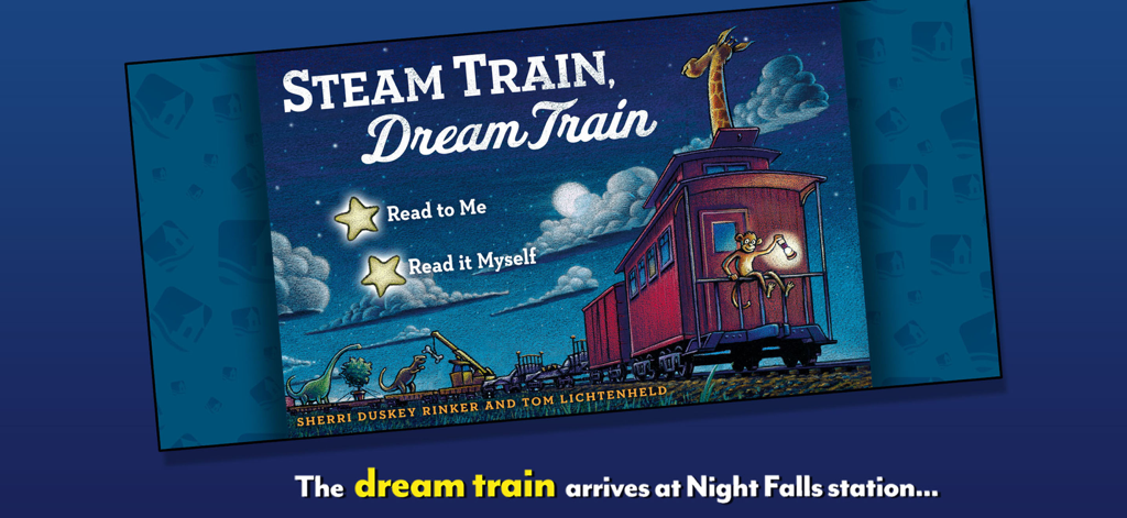 Startbildschirm der Dampflok, Traumlok App mit einer Giraffe und einem Affen auf einem roten Zugabteil bei Nacht.