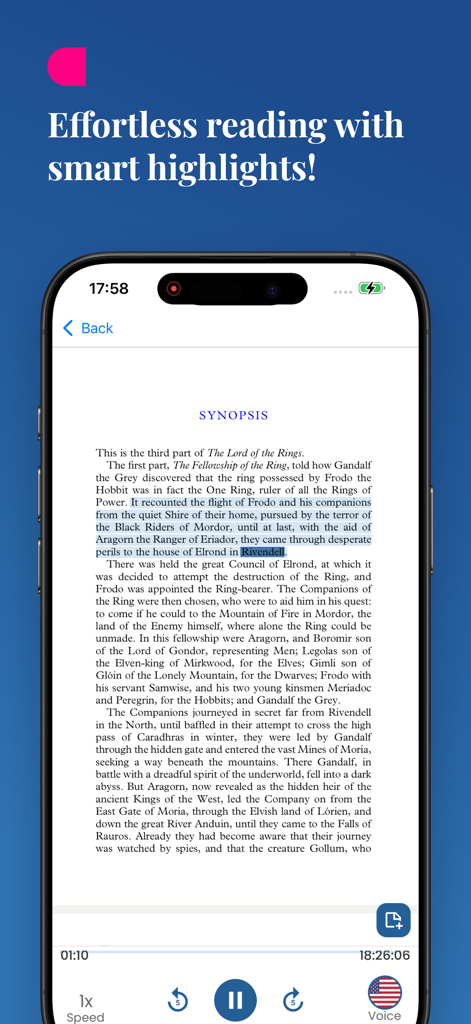 Voicen AI: Text to Speech - Voicen AI app interface showing a document with smart text highlighting during audio playback